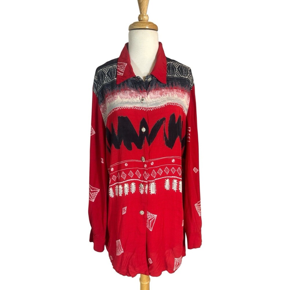 Vintage 90’s Russell Kemp NY Bold Red Abstract Southwest Print Blouse Sz 14